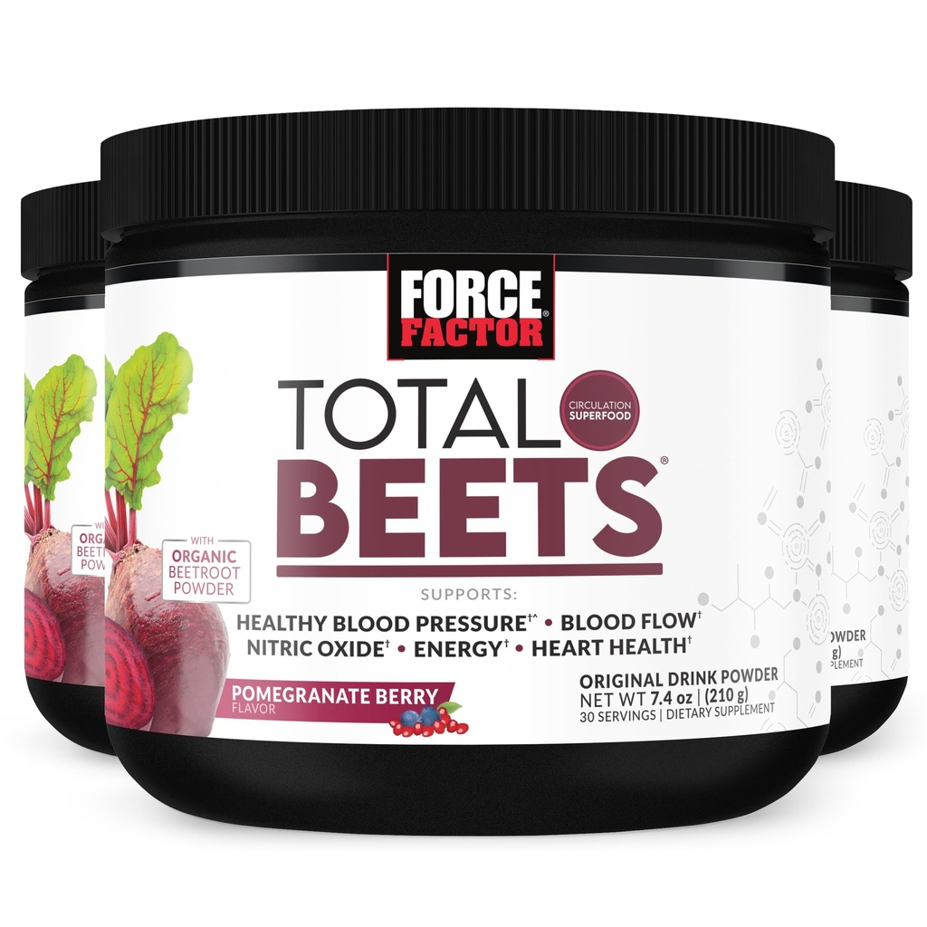 Force Factor Total Beets Drink Mix Superfood Powder με νιτρικά άλατα για την υποστήριξη της κυκλοφορίας, του οξειδίου του αζώτου, της ενέργειας, της αντοχής, και Stamina, Cardiaγγειακό συμπλήρωμα υγείας της καρδιάς, 90 εξυπηρετούν, 3-Pack