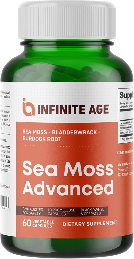 INFINITE AGE 1250mg Sea Moss Advanced Superfood Capsles, 60 Count - High-Potency, Vegan, Made in The USA - Irish Seamoss, Bladderwrack, Burdock Root - Συνολική Υγεία, Υποστήριξη Ανοσίας