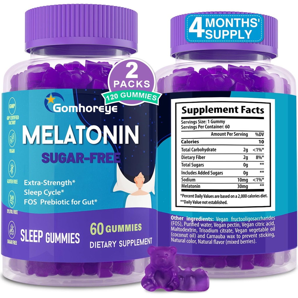 Μελατονίνη Gummies 30mg για Ενήλικες - Μέγιστη Δύναμη Μελατονίνη Gummies για Χαλάρωση & Καταπραϋντική, Εξωγενής Μελατονίνη Συμπλήρωμα με FOS για Ανοσοποιητική, Υγεία των Ούρων και Ισορροπία pH, Χωρίς Ζάχαρη -120 Μετρητές