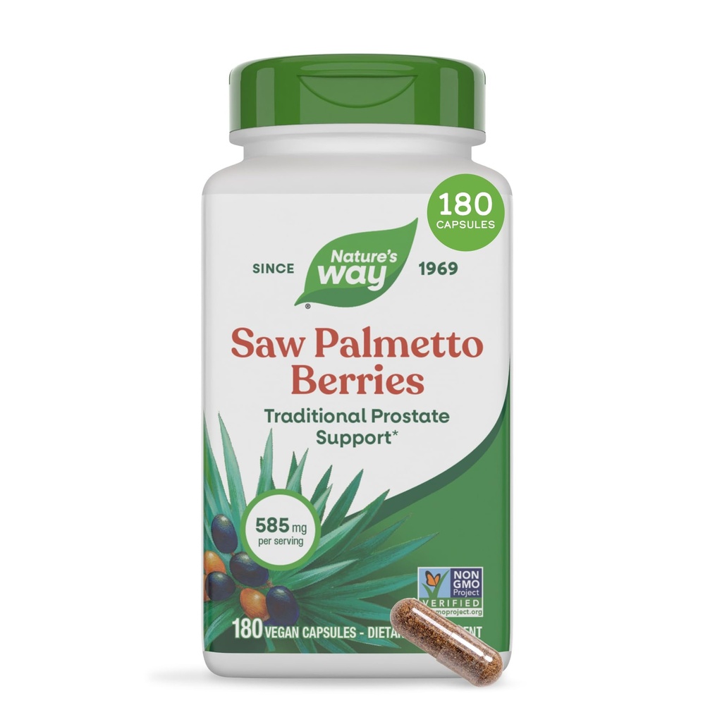 Nature's Way Saw Palmetto Berries, Traditional Prostate Support*, 585 mg ανά μερίδα, Μη ΓΤΟ Έργο Επαληθευμένο, Vegan, 180 κάψουλες