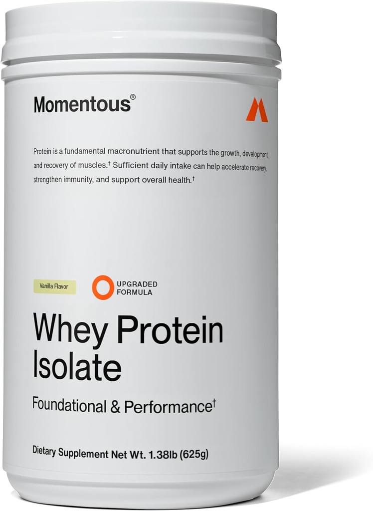Momentous Essential Grass-Fed Whey Protein Powder - 20 g Whey Isolate Protein - NSF Certified for Sport - Χωρίς γλουτένη - 24 Μερίδες για Βασική Καθημερινή Χρήση - Βανίλια - Πακέτο Μπορεί να Βάρυ