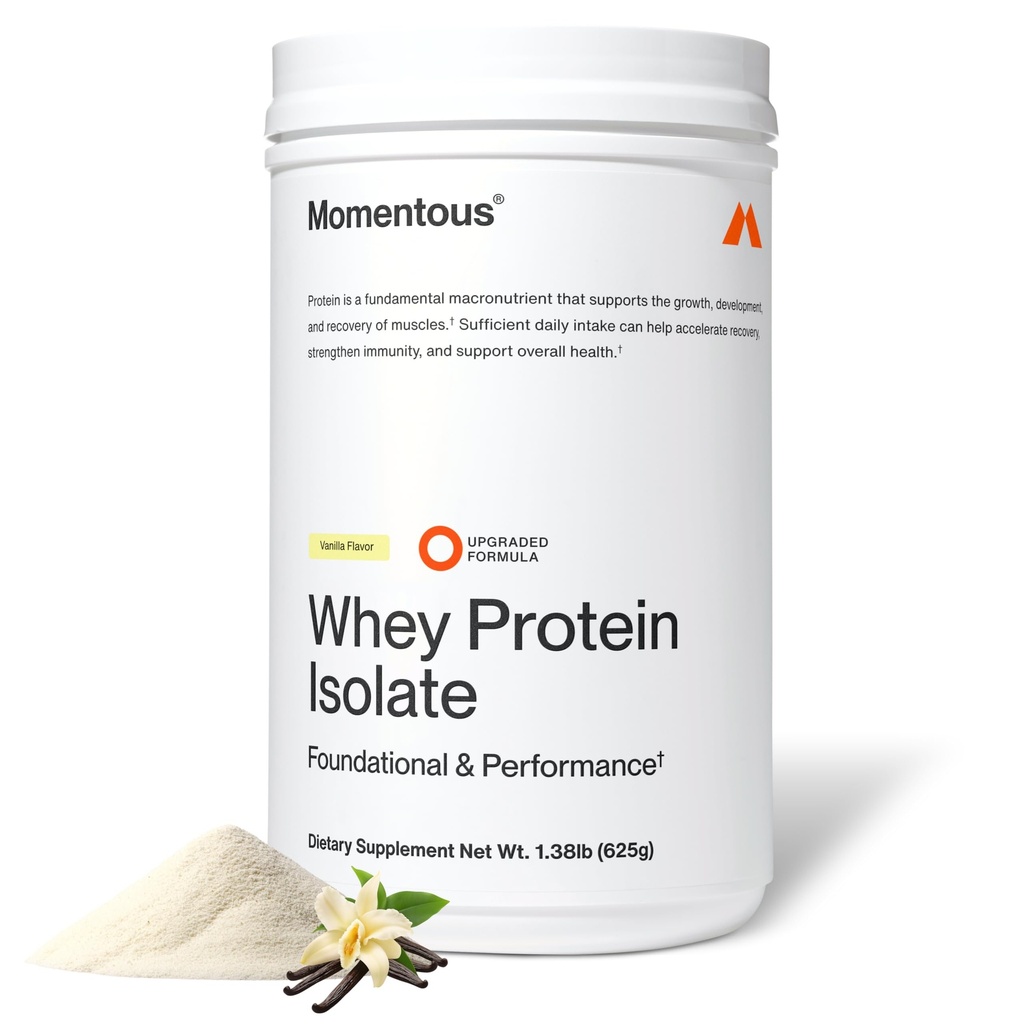 Momentous Essential Grass-Fed Whey Protein Powder - 20 g Whey Isolate Protein - NSF Certified for Sport - Χωρίς γλουτένη - 24 Μερίδες για Βασική Καθημερινή Χρήση - Βανίλια - Πακέτο Μπορεί να Βάρυ