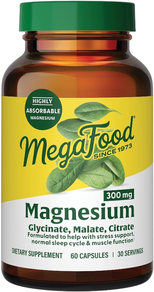 MegaFood Μαγνήσιο Γλυκινικό, Κιτρικό, Μηλεϊνικό 300mg συμπλήρωμα - Εξαιρετικά απορροφήσιμο μείγμα για την υποστήριξη της καρδιάς, νευρική υγεία & χαλάρωση, τριπλό συμπλήρωμα σύμπλεξης μαγνησίου, 60 κάψουλες (30 υπηρεσίες)