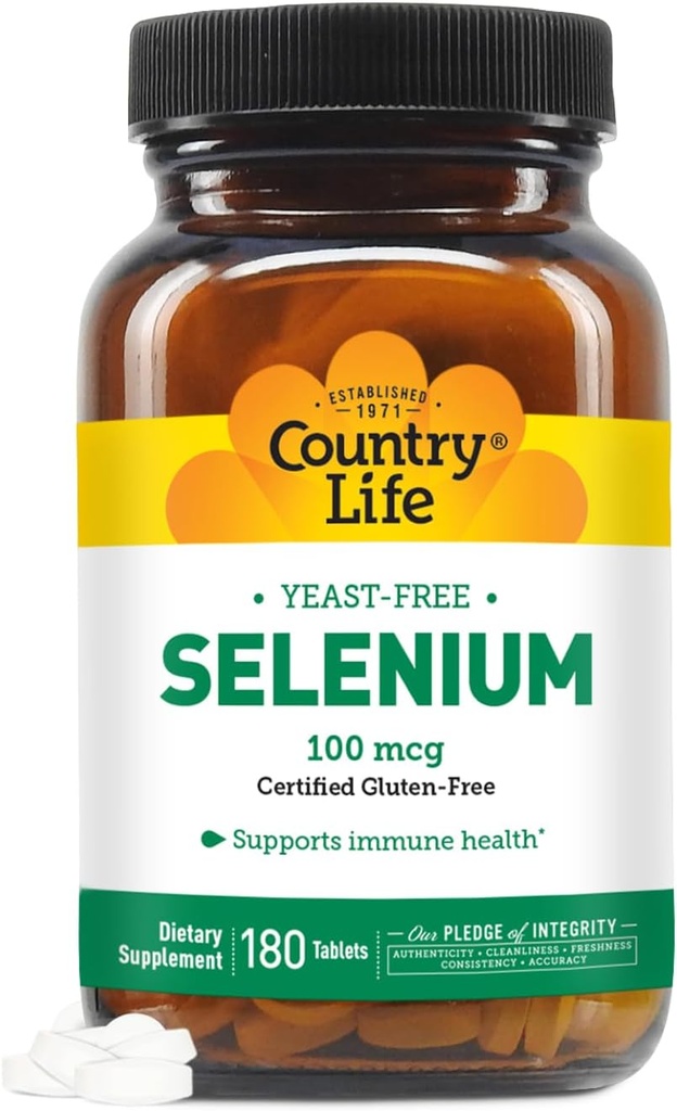 Country Life Selenium, Yeast Free, Supports Immune Health, 100 mcg, 180 Tablets, Gluten Free, Vegan, Halal