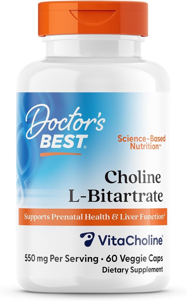 Doctor's Best Choline L-Bitartrate (VitaCholine), Supports Prenatal Health & Liver Function, Non-GMO, Gluten Free, Soy Free, Vegan 60 Veggie Caps