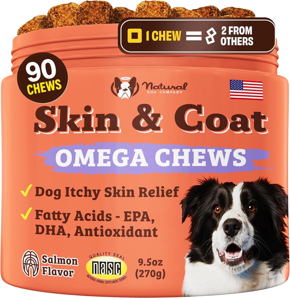 Natural Dog Company Skin & Coat Supplement for Dogs – Ωμέγα 3 λάδι σολομού, Βιοτίνη & Βιταμίνη Ε Υποστήριξη γυαλιστερό παλτό, υγιές δέρμα & κανονικό χύτευση, Προάγει την άνεση από Occasional Itch, 90 Count