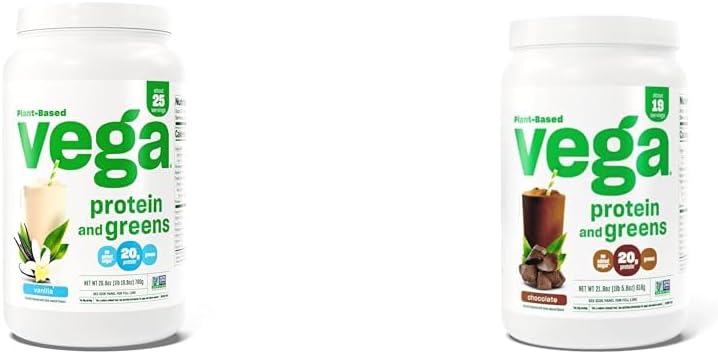 Vega Protein and Greens Protein Powder, Vanilla - 20g Plant Based Protein Plus Veggies, Vegan & Protein and Greens Protein Powder Chocolate (19 Servings) - 20g Plant Based Protein Plus