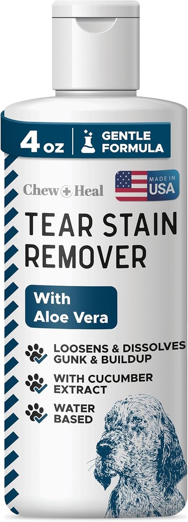 Chew + heal Labs Pet Tear Stain Remover για σκύλους - 4 oz με βάση το νερό σκύλου Πλύσιμο ματιών & Καθαριστικό - διαλύει Gunk & Buildup - Aloe Vera & εκχύλισμα αγγούρι