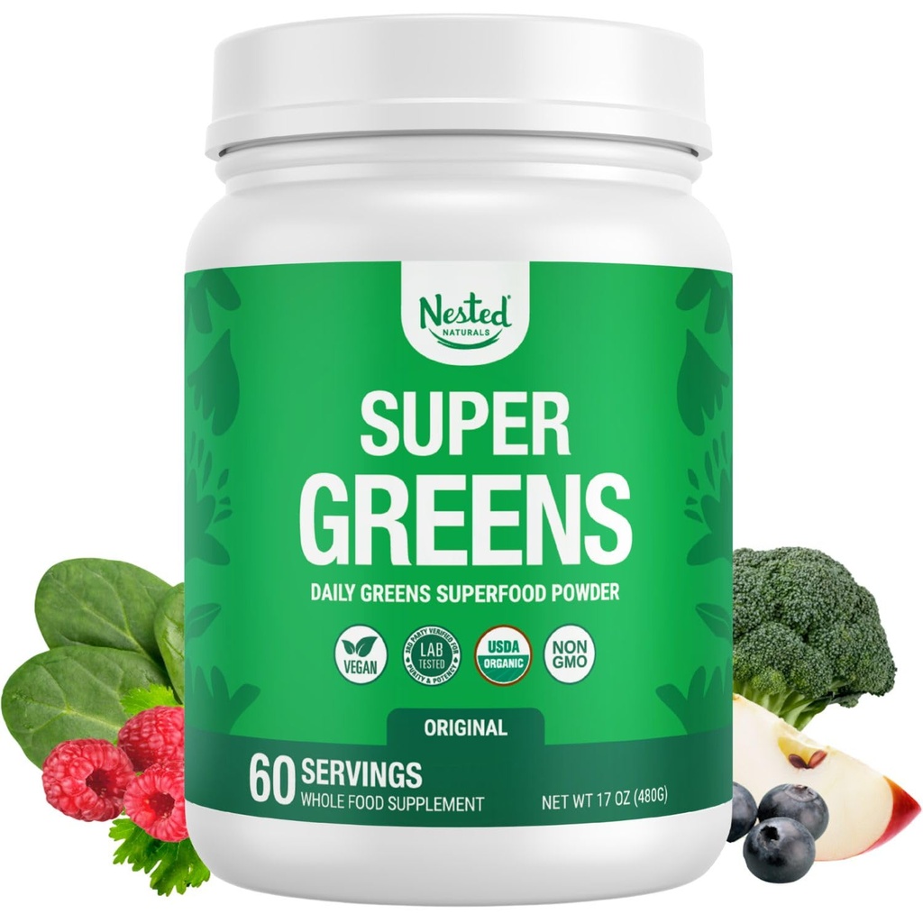 Φωλιασμένα φυσικά Super Greens Daily Superfood Powder - Certified USDA Organic Green Powder w/20+ Whole Foods, Spirulina Powder, Wheat & Barley Grass - Probiotics, Fiber & Enzymes - Original Flavor, 60