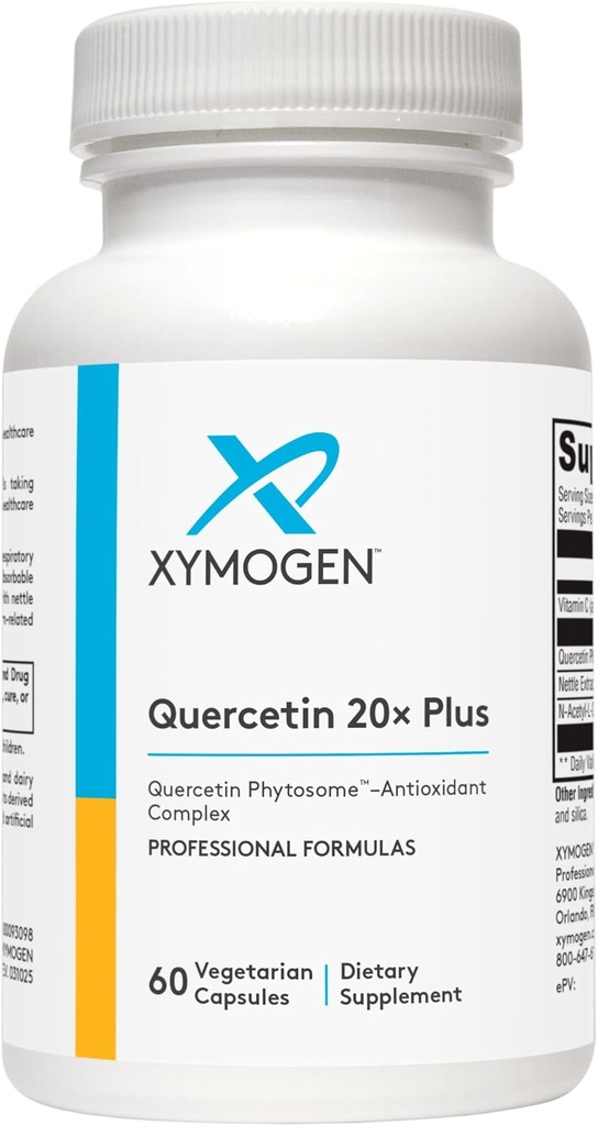XYMOGEN Quercetin 20× Plus - Quercetin Συμπληρώματα - Καθημερινή Σύμπλεξη με βιταμίνη C, N-Acetyl-L-Cysteine & Nettles - Formated for αναπνευστική υποστήριξη - Vegan & Gluten-free (60 κάψουλες)