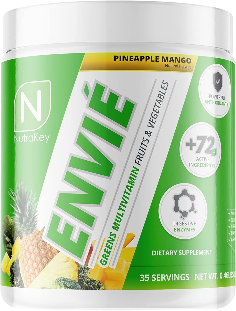 NutraKey Envie Multivitamin σκόνη, Keto MultiVitamin για άνδρες και γυναίκες, Φρούτα, Πράσινα, Αντιοξειδωτικά, Digestive Ένζυμα, Αμινοξέα, Βιταμίνη Β οργανική σκόνη (Pineapple, 210g)