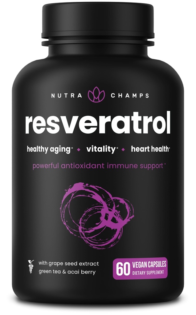 NutraChamps Resveratrol συμπλήρωμα, Extra Formula δύναμης για υγιή γήρανση, ανοσοποιητική υποστήριξη, 60 κάψουλες Vegan με Trans-Resveratrol, πράσινο φύλλο τσαγιού, Acai Berry & εκχύλισμα σπόρων σταφυλιών