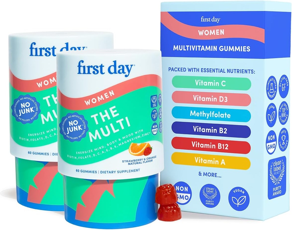 FIRST DAY Multivitamin for Women - Daily Womens Multivitamin Gummies - Vitamin A C D E B12, Magnesium, Zinc, Biotin – Vegan, Gluten Free Womens Vitamins - Hair Growth, Skin, Energy – 60 Day Supply