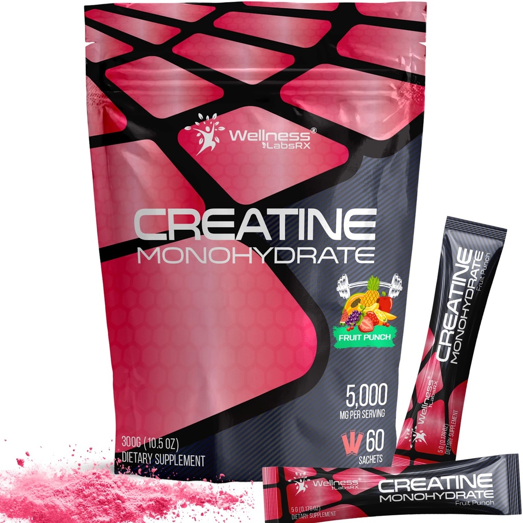 WELNESS LABSRX Creatine Monohydrate Powder - 5000mg, Fruit Punch Flavor - 60 Sachets - 300g