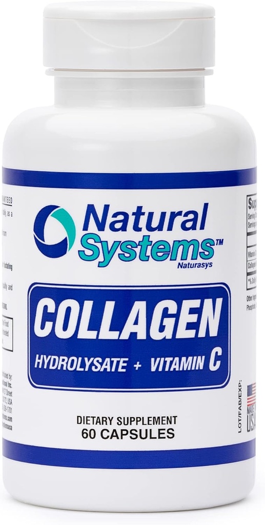 Collagen Plus Vitamin C by Natural Systems 60 Κάψουλες - Collagen Hydrolysate and Vitamin C for Vital Hair and Skin - Collagen Συμπληρώματα Γυναικών και Ανδρών - Hydrolyzed Collagen Peptides Powder Pills