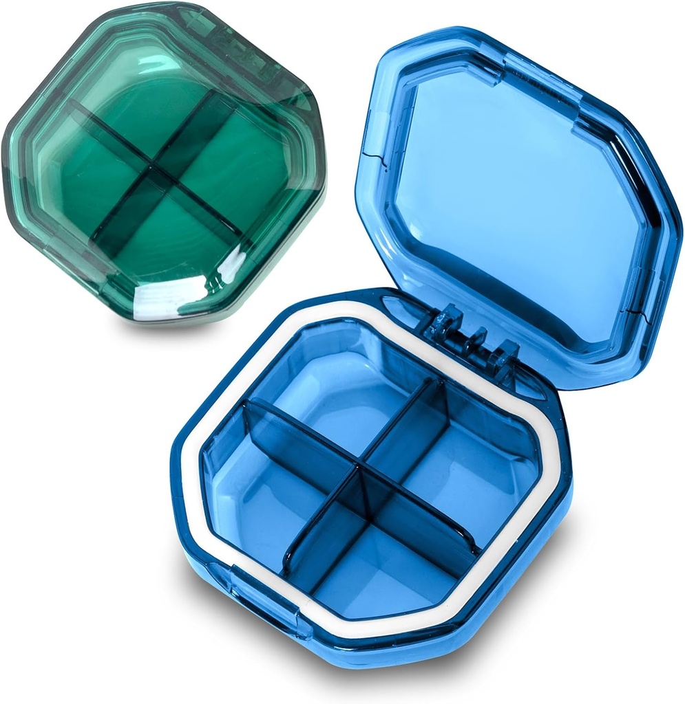 Daily Pill Organizer, 2 Pack 4 Compartments Small Pill Box Portable Pill Case, Travel Pill Organizer for Purse Pocket to Hold Vitamins, Cod Liver Oil, Supplements and Medication (Blue+Green)