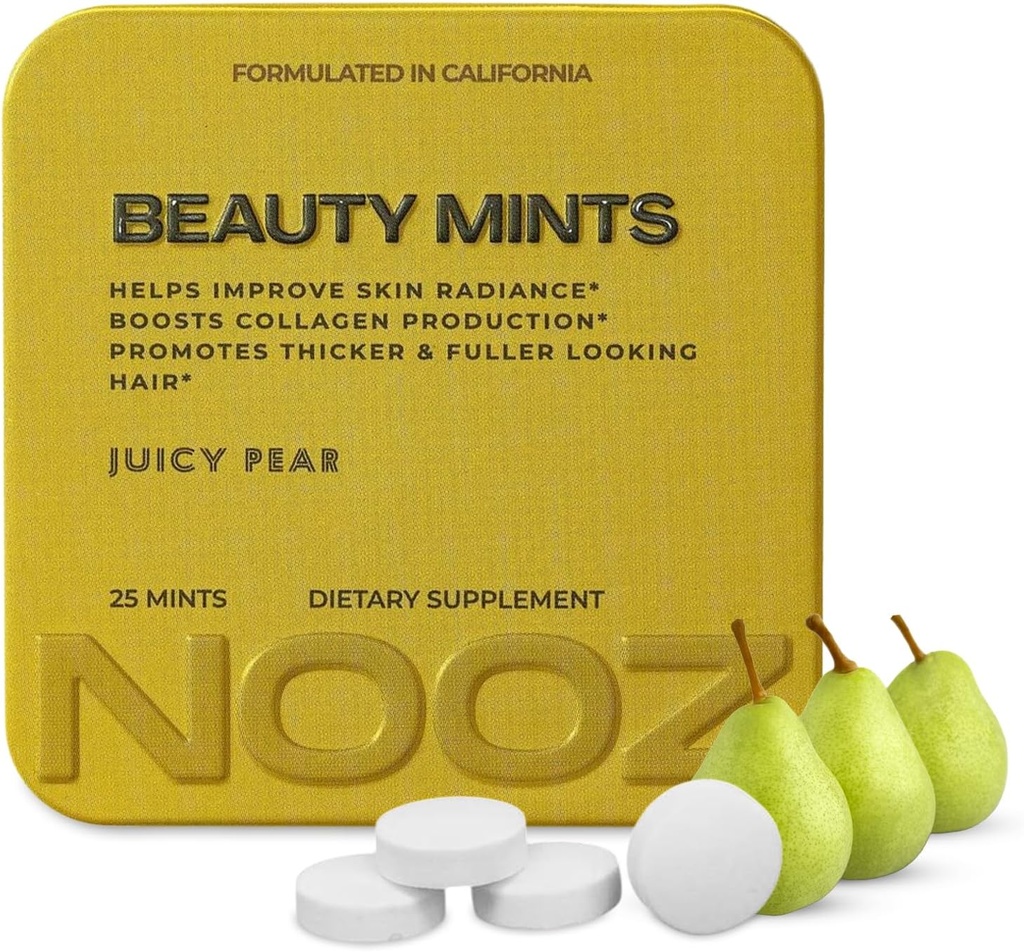 NOOZ Beauty Mints - Sugar-Free Biotin Mint for Glowing Skin, Healthy Hair & Strong Nails - Juicy Pear Flavor | Travel-Friendly Supplement with Antioxidants, Vitamin C, B6 & B12 | Non-GMO, 25 Mints