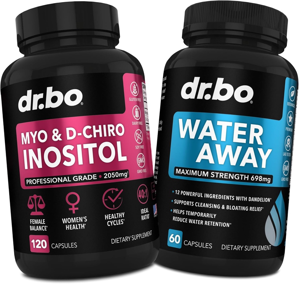 Myo-Inositol & D-Chiro Inositol & Water Away Pills - Water Retention Diuretics for Gut Health & Leg Swelling - Supplements for Women to Support Menstrual Cycle & Female Health