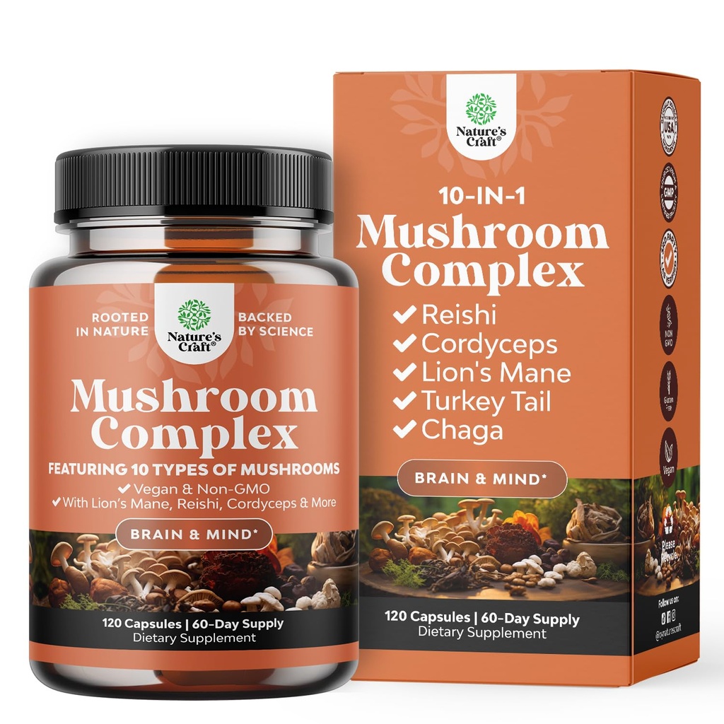 Advanced Mushroom Complex Capsules - 10X Lions Mane Supplement Capsules with Reishi, Chaga, Maitake & Shiitake for Brain Health Memory Support & Focus - Nootropic for Mental Clarity - 120 Count