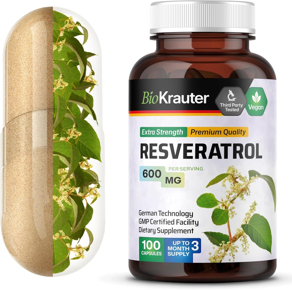 BIO KRAUTER Resveratrol Συμπληρώματα Κάψουλες 600 mg - 100 Count - Φυσικό Αντιοξειδωτικό Πηγή - 98% Pure Trans Resveratrol Powder - Vegan