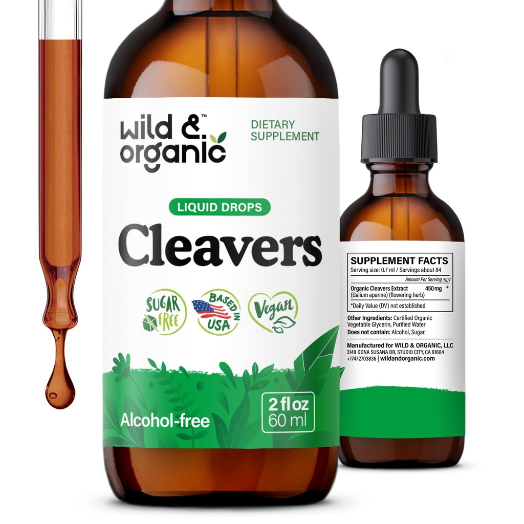 Wild & Organic Cleavers Lymphatic Drainage Drops - Cleavers Extract - 2 oz | Lymphatic Drainage Supplements - Detox Support - Add to Tea Tincture - Galium Aparine Herb Supplement - No Sugar & No Alcohol