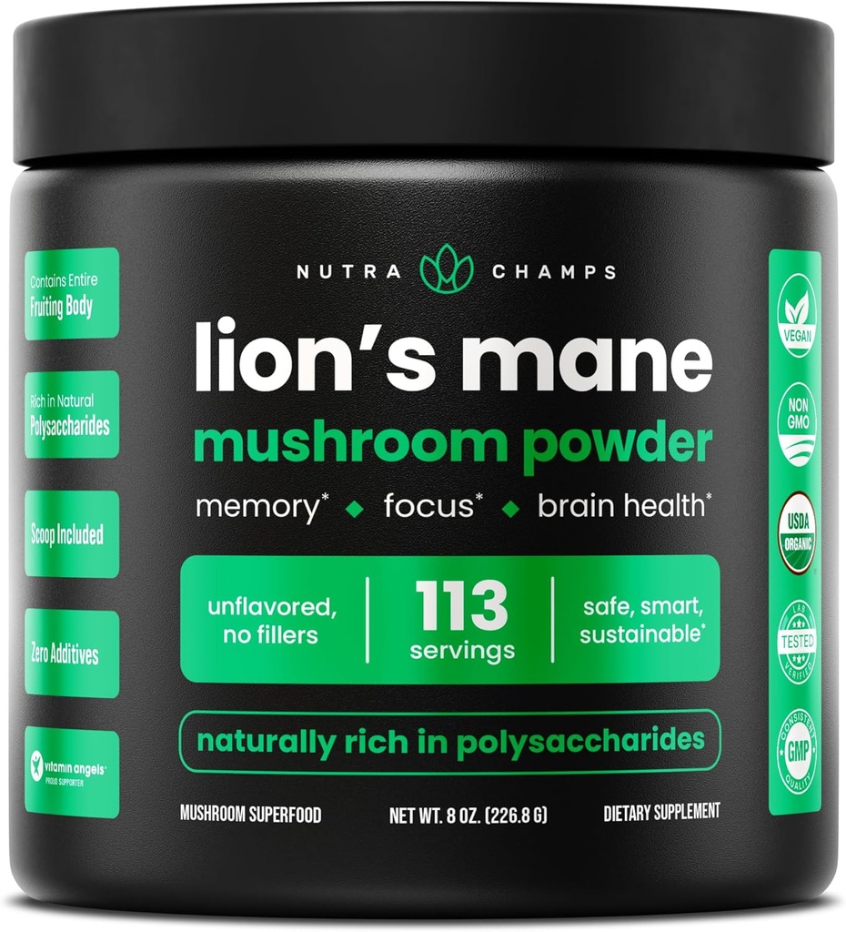 NutraChamps Organic Lions Mane Powder - 2000mg Ισχυρό Nootropic για Μνήμη, Εστίαση, Ανοσολογική Υποστήριξη - Vegan Lion’s Mane Mushroom Powder Supplement με φυσικά Occurring Beta-Glucans - 8oz