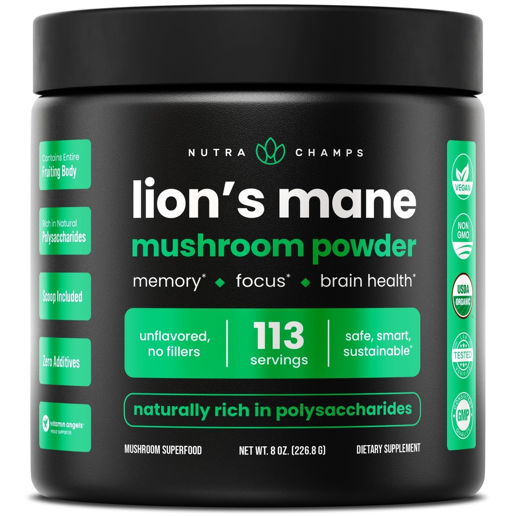 NutraChamps Organic Lions Mane Powder - 2000mg Ισχυρό Nootropic για Μνήμη, Εστίαση, Ανοσολογική Υποστήριξη - Vegan Lion’s Mane Mushroom Powder Supplement με φυσικά Occurring Beta-Glucans - 8oz