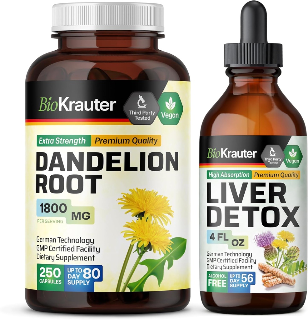 BIO KRAUTER Dandelion Root 250 Κάψουλες & Υποστήριξη ήπατος Βάμμα 4 Fl. Oz.