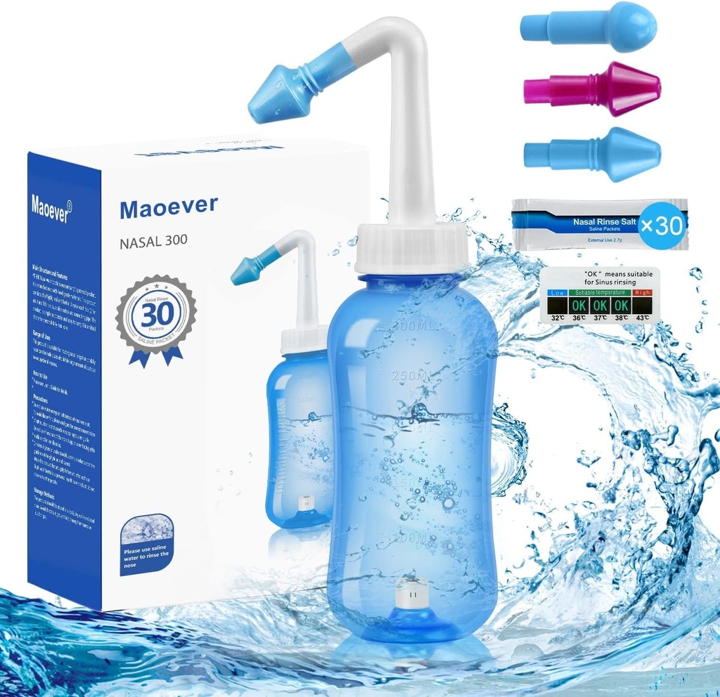 MAOEVER Neti Pot Sinus Ξεπλύνετε το Nasινικό πλύσιμο 300ML Neti-Pot με 30 Nasινικό αλάτι πλυσίματος Πακέτα και αυτοκόλλητο θερμόμετρο Καθαριστικότερο δοχείο πλύσης πλυντηρίου πιο καθαρή πίεση Άρδευση για ενήλικες & παιδί BPA δωρεάν (μπλε)