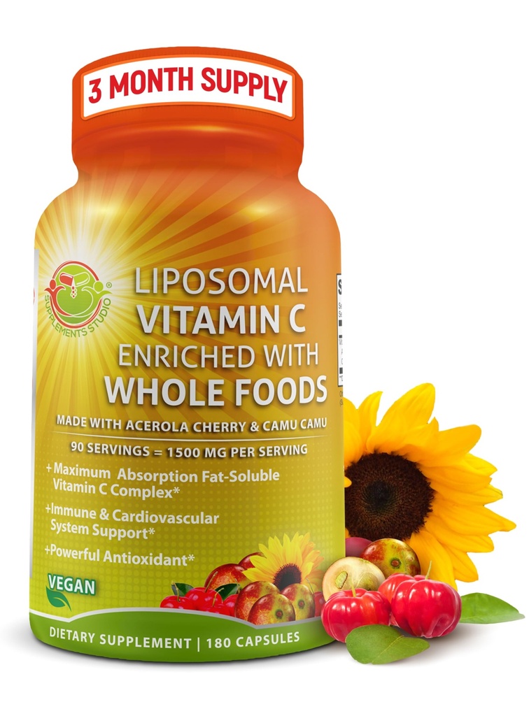 Liposomal Vitamin C Κάψουλες - 1500mg - Φτιαγμένα με οργανικά κεράσια Acerola & Camu Camu, Υψηλής Ικανότητας Βιταμίνη C Λιποσωμικά - Συμπλήρωμα Ανοσολογικής Υποστήριξης, Ενισχυμένη Απορρόφηση & Βιοδιαθεσιμότητα - 180 Μέτρα