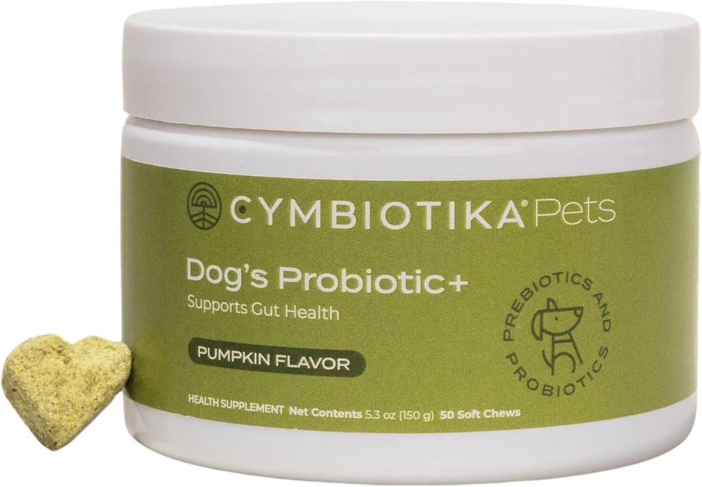 CYMBIOTIKA Probiotic+ Σκύλος, Προβιοτικά για σκύλους, Υγεία και ανοσοποιητικό συμπλήρωμα υποστήριξης με Digestive Ένζυμο και Πράσινο Blend, Πρεβιοτικά, Μεταβιοτικά, Συμπληρώματα για σκύλους, Κολοκύθα Γεύση, 50 μάσημα