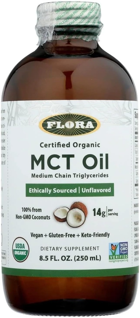 Χλωρίδα - MCT Oil Certified Organic - Υποστηρίζει τη μυϊκή ενέργεια & την υγεία του εγκεφάλου - Περιέχει C8 καπρυλικό οξύ & C10 Capric Acid - μη-GMO, χωρίς γλουτένη, Vegan & Keto-Friendly - 8.5 fl. oz. Γυάλινο μπουκάλι