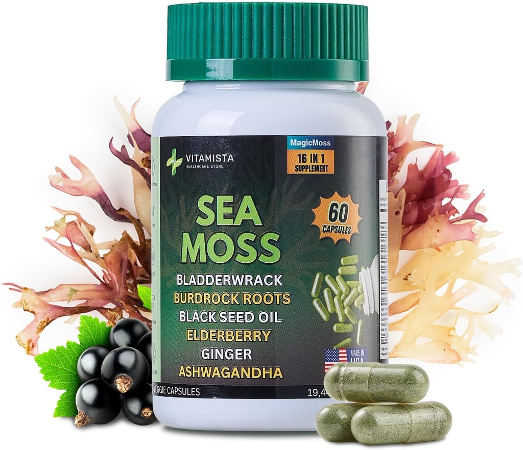Sea Moss Capsules – 16-in-1 Sea Moss Supplement with Bladderwrack, Burdock Root, Black Seed Oil, Ashwagandha – Immune Support & Energy Booster – 60 Vegan Capsules (19445mg)