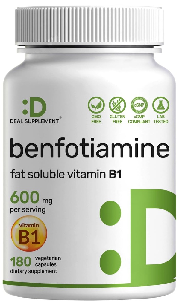Benfotiamine 600mg ανά υπηρεσία, 180 κάψουλες λαχανικών (300mg ανά καψάκιο) – Λιποδιαλυτή βιταμίνη Β1 Συμπλήρωμα θειαμίνης – 3ο μέρος δοκιμαστεί, Vegan, μη ΓΤΟ, Χωρίς γλουτένη