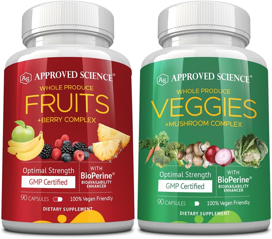 Approved Science Fruits & Veggies - 42 Whole Fruit and Veggie Supplement - Enhanced Health & Vitality - Daily Natural Vitamins, Minerals, Antioxidants - 90 Capsules Each - 1-Month Supply