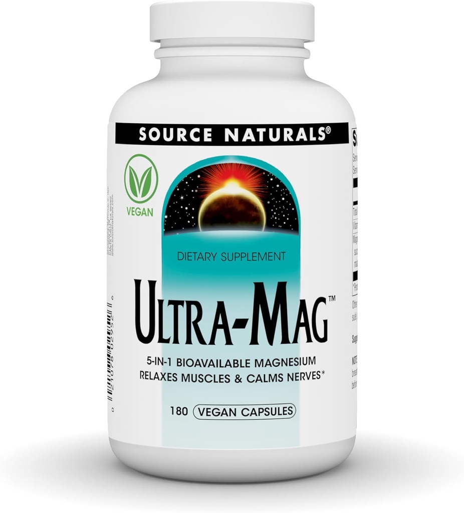 Source Naturals Ultra-Mag, Vegan Dietary Supplement, 5-in1 Bioavail Magnesium, Relaxes Musles & Calms Nerves*, Vegan Capsles (180)