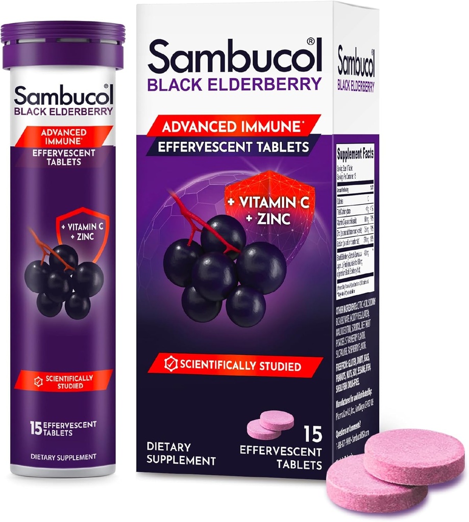 Sambucol Black Elderberry Effervescent Tablets - Elderberry with Zinc and Vitamin C for Adults, Elderberry Dissolving Tablets, Berries - 15 Count
