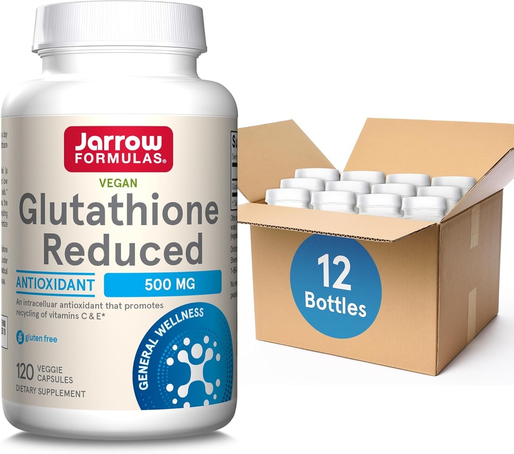 Jarow Formulas Glutathione Μειωμένη 500 mg- 120 κάψουλες Veggie- Ενδοκυτταρικά συμπληρώματα αντιοξειδωτικής- ποιότητας γλουταθειόνης- Υποστηρίζει Ανακύκλωση των βιταμινών C & E- Non-GMO- Gluten Free- Vegan, 12 συσκευασίες