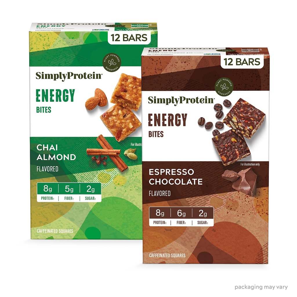 Απλά πρωτεΐνη - Energy Bites Variety Pack, 24 Bars - Plant Based Caffeinated Squares - 55mg καφεΐνη - Energy Boost - 8g πρωτεΐνη, 2g ζάχαρη, 5-6g ίνες, 120-130 θερμίδες - Vegan, χωρίς γλουτένη, μη ΓΤΟ