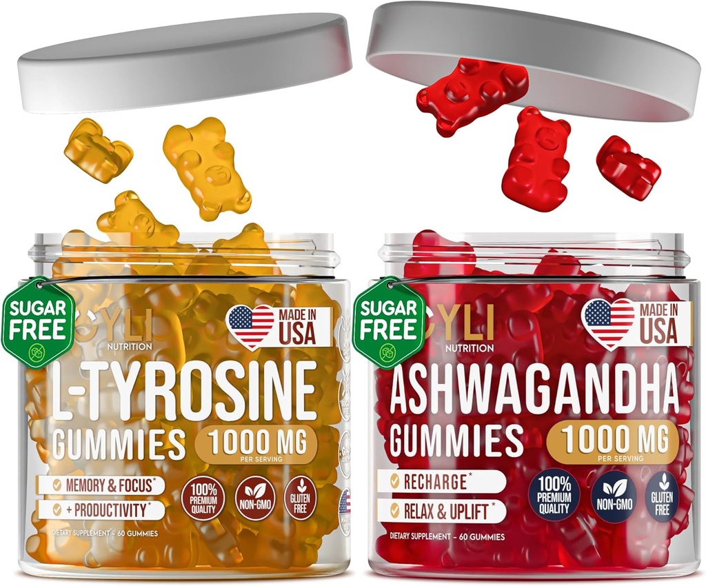 L-Tyrosine Gummies + Ashwagandha Gummies - L Tyrosine συμπλήρωμα και Ashwagandha συμπληρώματα Bundle - Ashwaganda, L-Tyrosine για παιδιά και ενήλικες - 60 Ashwa Gummies, 60 L-Tyrosine Focus Gummies