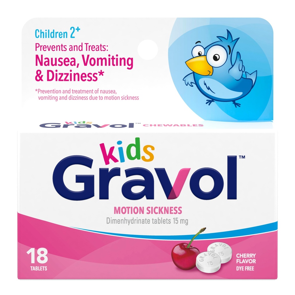Gravol Kids Chewable Tablets for Nausea, Upset Stomach and Motion Sickness Relief, Dye Free, Cherry Flavor, Ηλικία 2 έως 12, 18ct