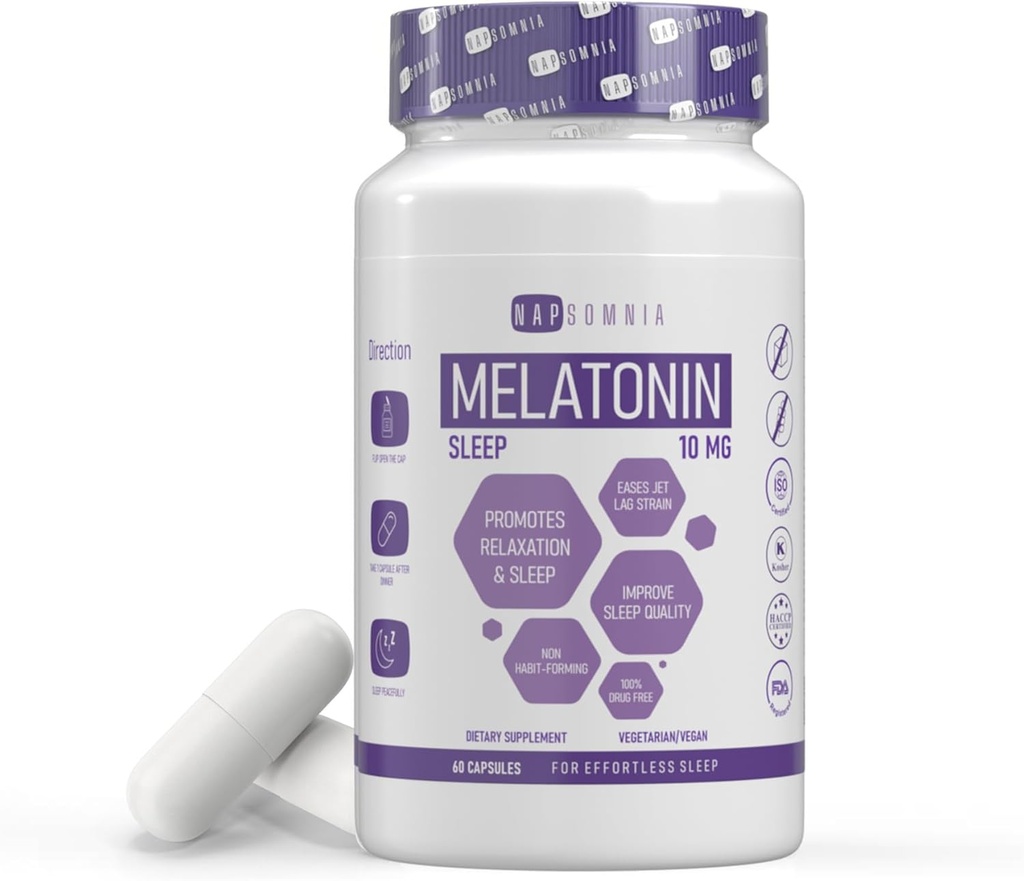 Melatonin for Sleeping for Men & Women - Sleep Melatonin w/Valerian Root Extract - Vegan Melatonin 10 Mg Capsules - Sleep Aid for Adults - Deep Sleep Supplements to Ease Jet Lag Strain