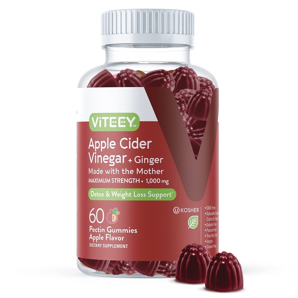 Viteey Apple Cider Vinegar Gummies and Ginger – 1000 mg ACV Gummies για απώλεια βάρους, Detox and Digestion – Vegan, Χωρίς γλουτένη – 60 Count