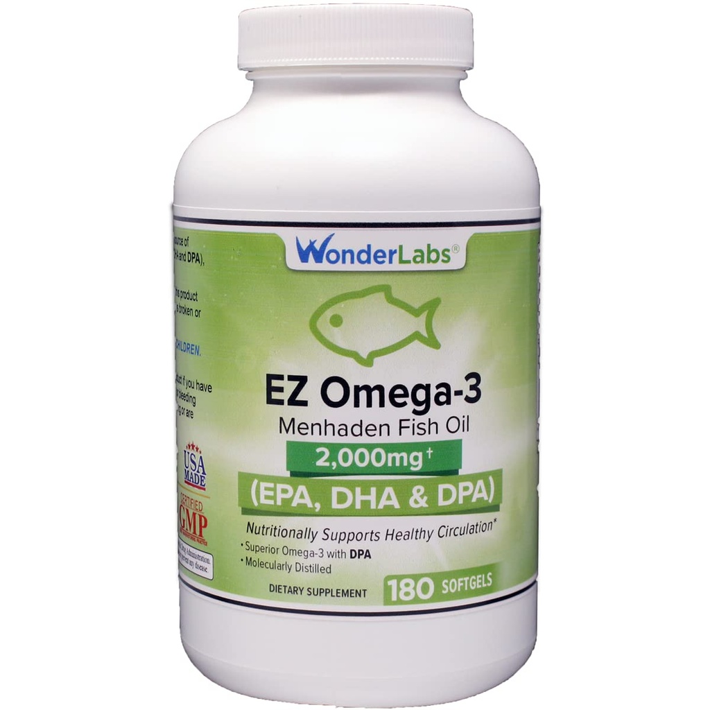 Wonder Laboratories EZ Omega-3 Atlantic Menhaden Fish Oil Supplement 2000 mg, Burpless, Made in The USA, Perfect Balance of EPA+ DHA + DPA 180 Softgels