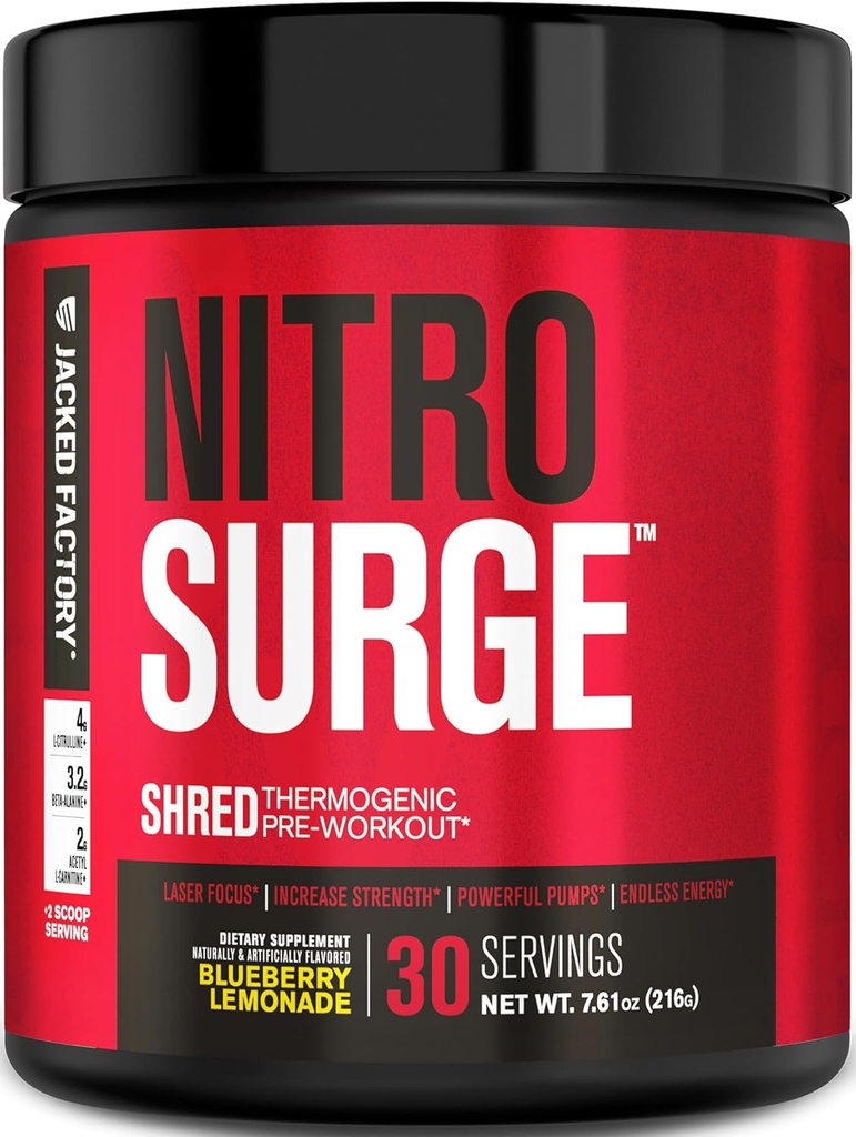 Jacked Factory NITROSURGE Shred Pre Workout Supplement - Energy Booster, Instant Strength Gains, Sharp Focus, Powerful Pumps - Nitric Oxide Booster & PreWorkout Powder - 30Sv, Blueberry Lemonade