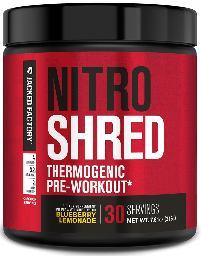 Jacked Factory NITROSURGE Shred Pre Workout Supplement - Energy Booster, Instant Strength Gains, Sharp Focus, Powerful Pumps - Nitric Oxide Booster & PreWorkout Powder - 30Sv, Blueberry Lemonade