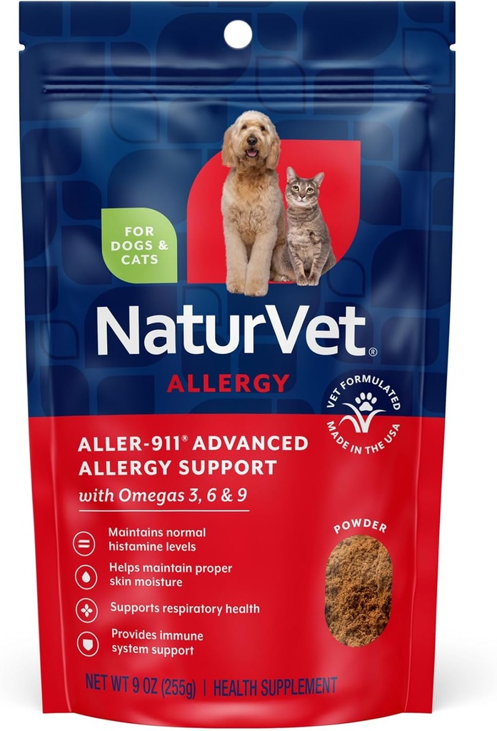 NaturVet Aller-911 Advanced Allergy Aid Formula Powder Plus Αντιοξειδωτικά για σκύλους και γάτες, 9 oz Powder, Κατασκευασμένο στις ΗΠΑ