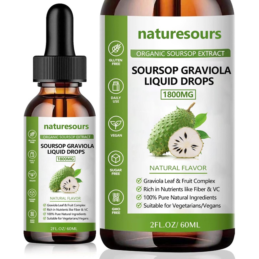 Naturesours 100% Pure Organic Soursop Extract, Soursop Graviola Liquid Drops 1800MG, Organic Pure Soursop Leave and Fruit Extract, Sugar/Gluten Free, 2 FL.OZ (1)