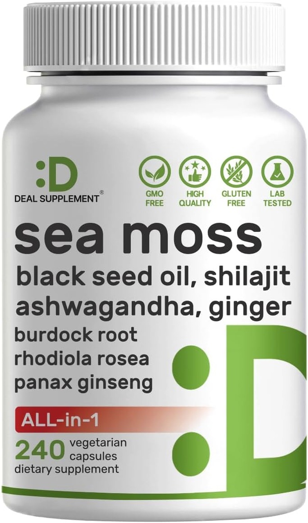 DEAL ΣΥΜΠΛΗΡΩΜΑ Irish Sea Moss 7000mg ανά υπηρεσία, 240 κάψουλες Veggie – 14 Superfood Complex – 3000mg Black Seed Oil, 2000mg Ashwagandha, 600mg Ginger