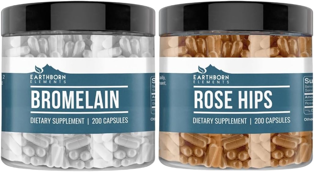 Earthborn Στοιχεία Rose HIPS & Bromelain Capulse Bundle (200 Κάψουλες Καθένα), Pure & Undiluted, Χωρίς Πρόσθετα
